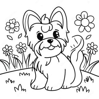 Sot Yorkie I En Blomsterrabatt Malarbild 109800-46497