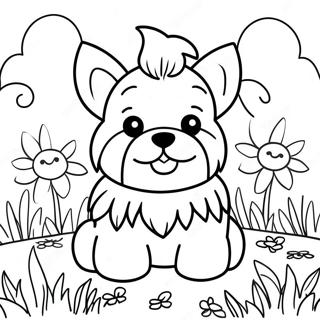 Sot Yorkie I En Blomsterrabatt Malarbild 109800-46498